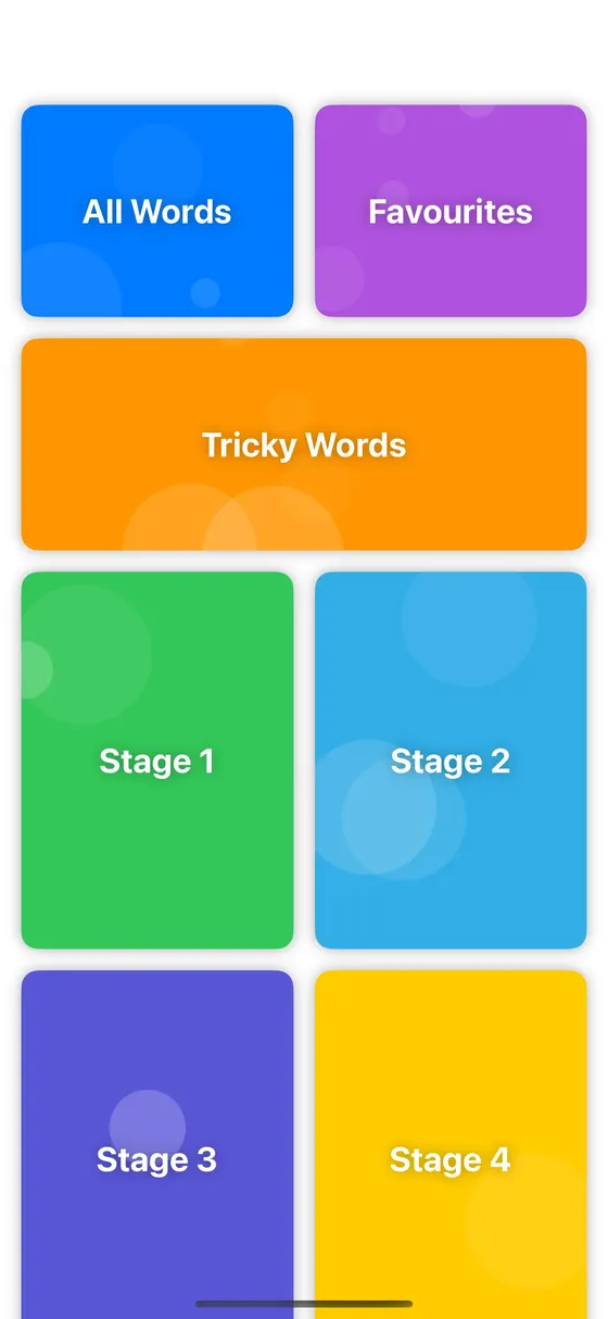 Sight Words app menu showing All Words, Favourites, Tricky Words and Stages 1 to 4