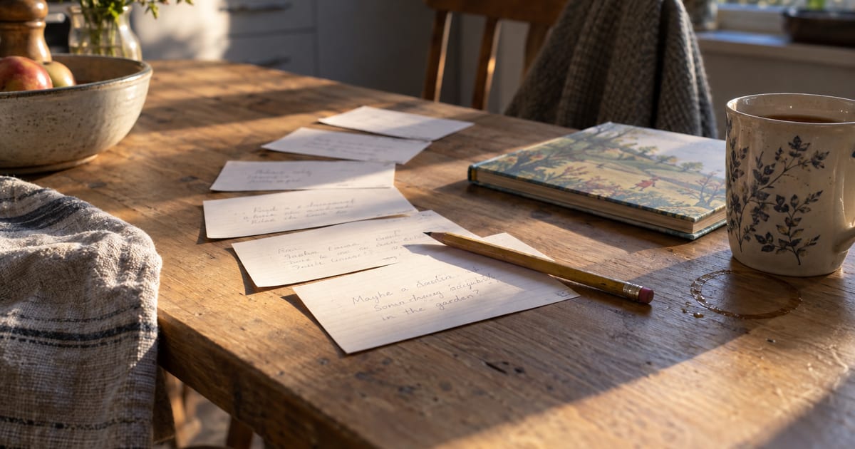 A kitchen table in late afternoon light with hand-written index cards fanned across it beside a closed reading book